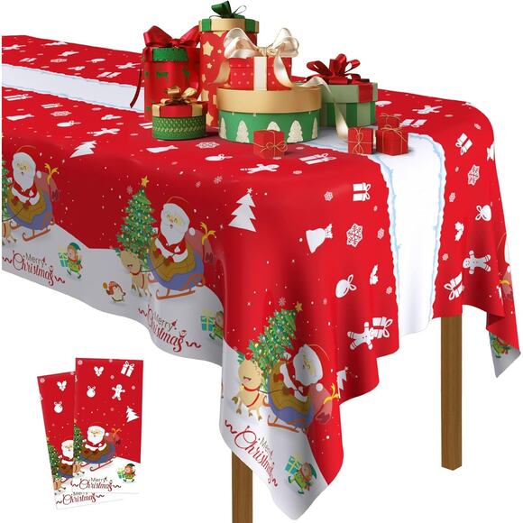 Christmas Tablecloth Plastic Disposable 54x108 Inches Set of Two Rectangle - Picture 1 of 4